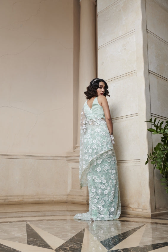 Mint Embroidered Saree And Blouse image 1