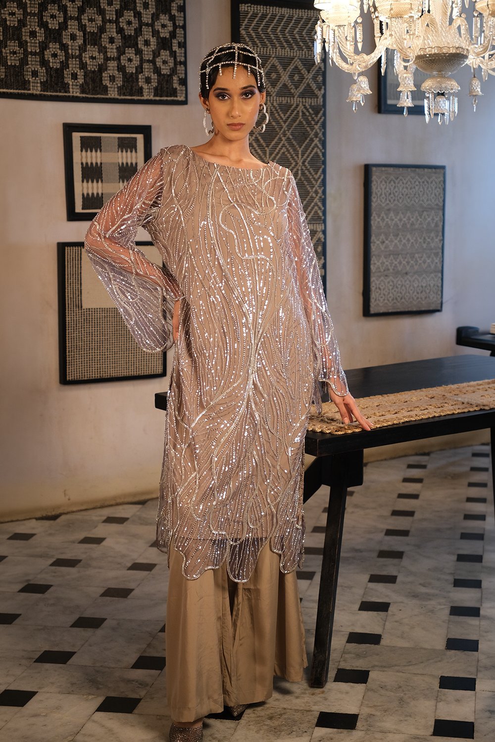 Nude Embroidery Kurta with Plain Nude Pant