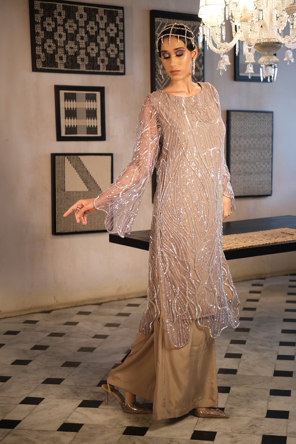 Nude Embroidery Kurta with Plain Nude Pant
