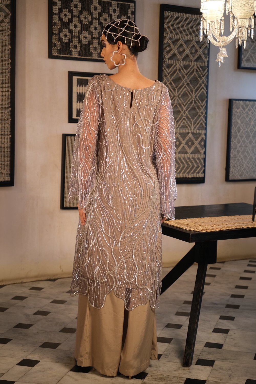 Nude Embroidery Kurta with Plain Nude Pant