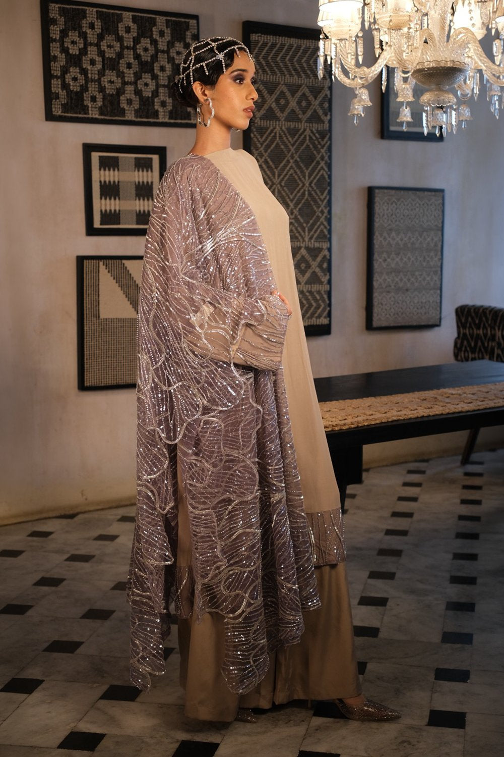 Nude Embroidery Kurta with Plain Pant and Embroidery Dupatta