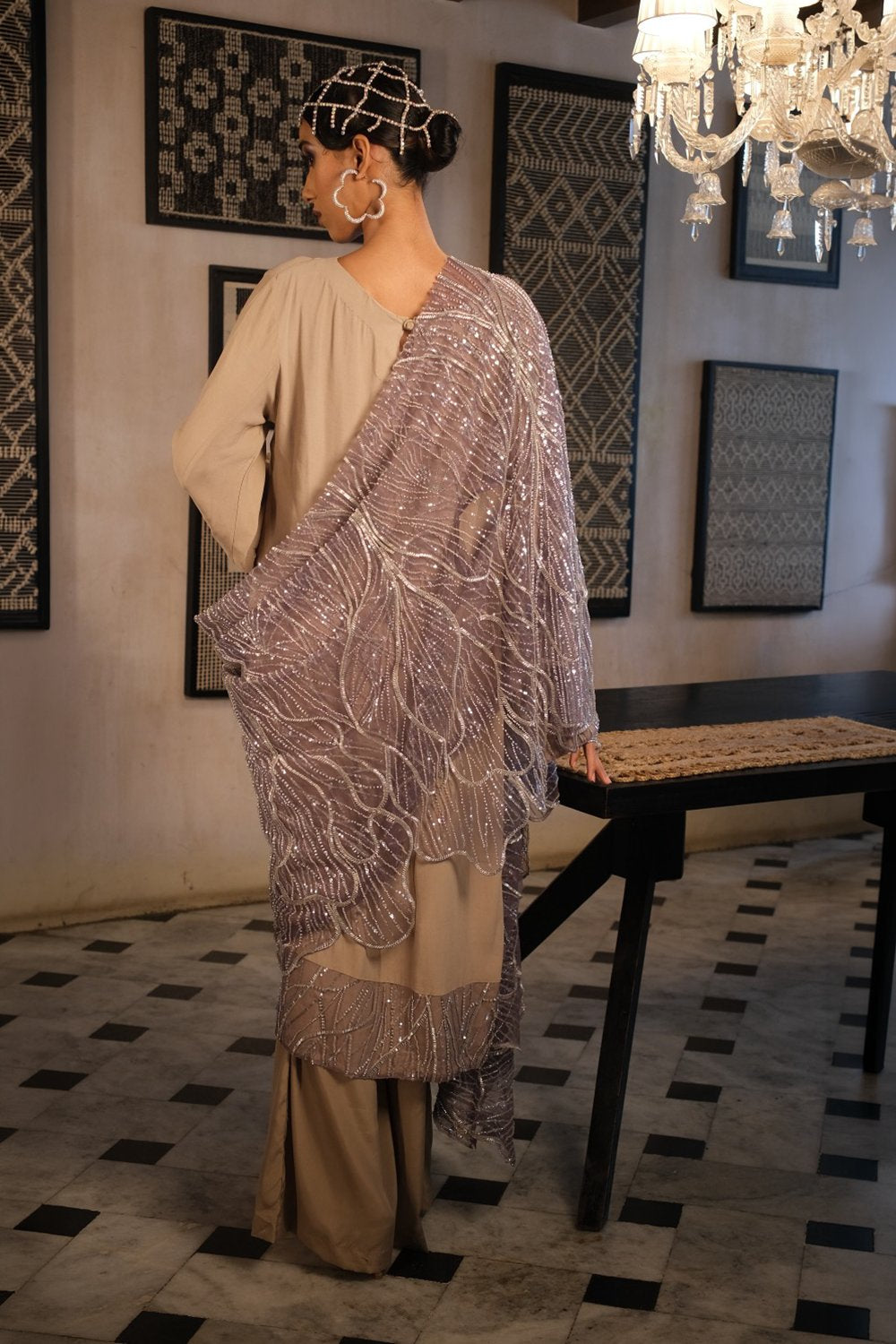 Nude Embroidery Kurta with Plain Pant and Embroidery Dupatta