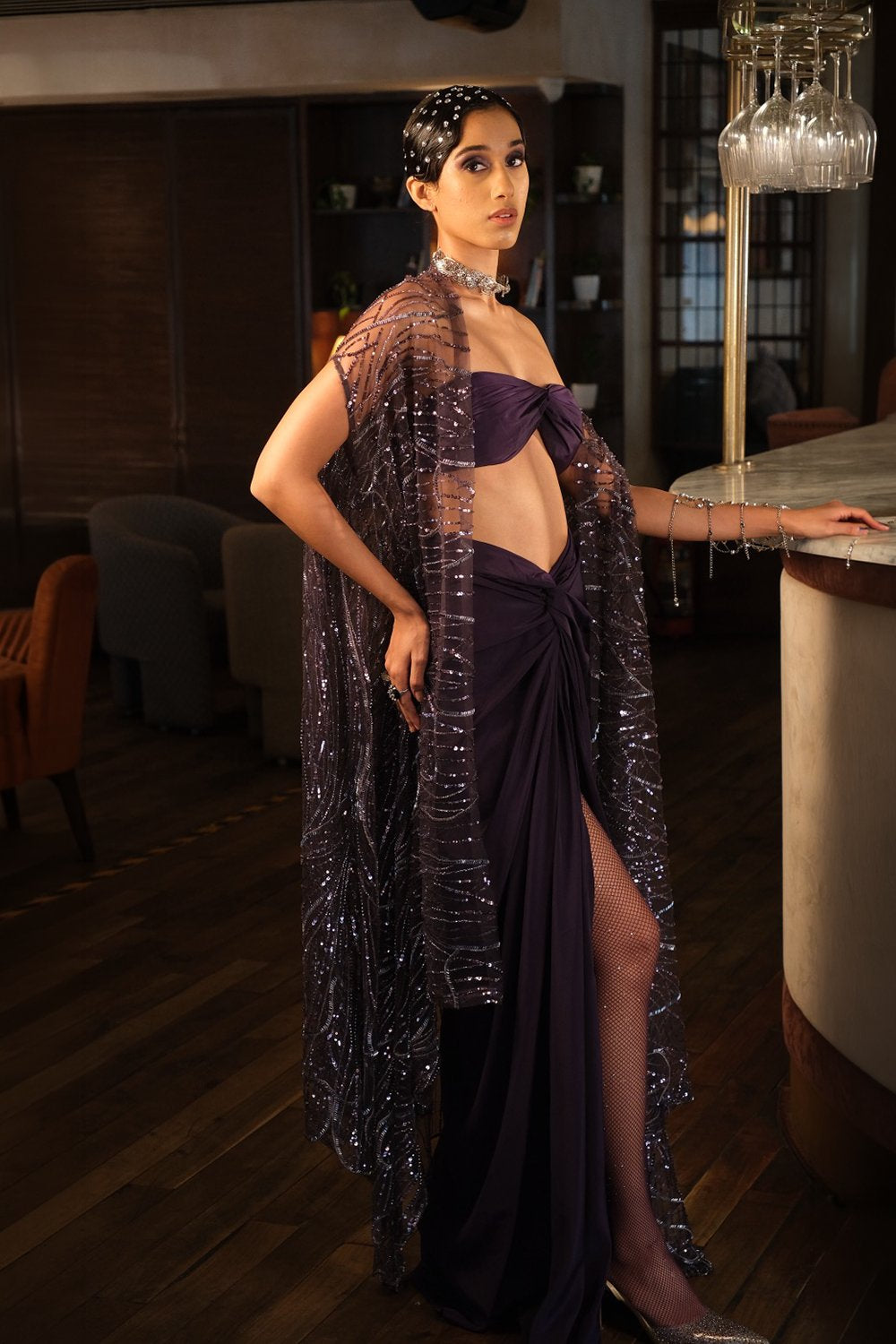 Purple Bralette with Sarong and Embroidered Cape
