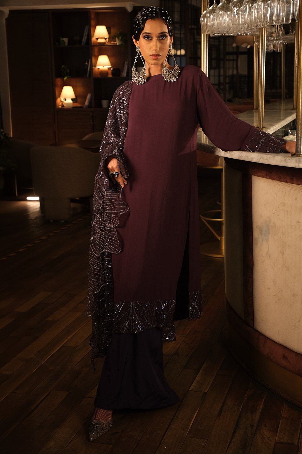 Purple Embroidery Kurta with Plain Pant and Embroidery Dupatta