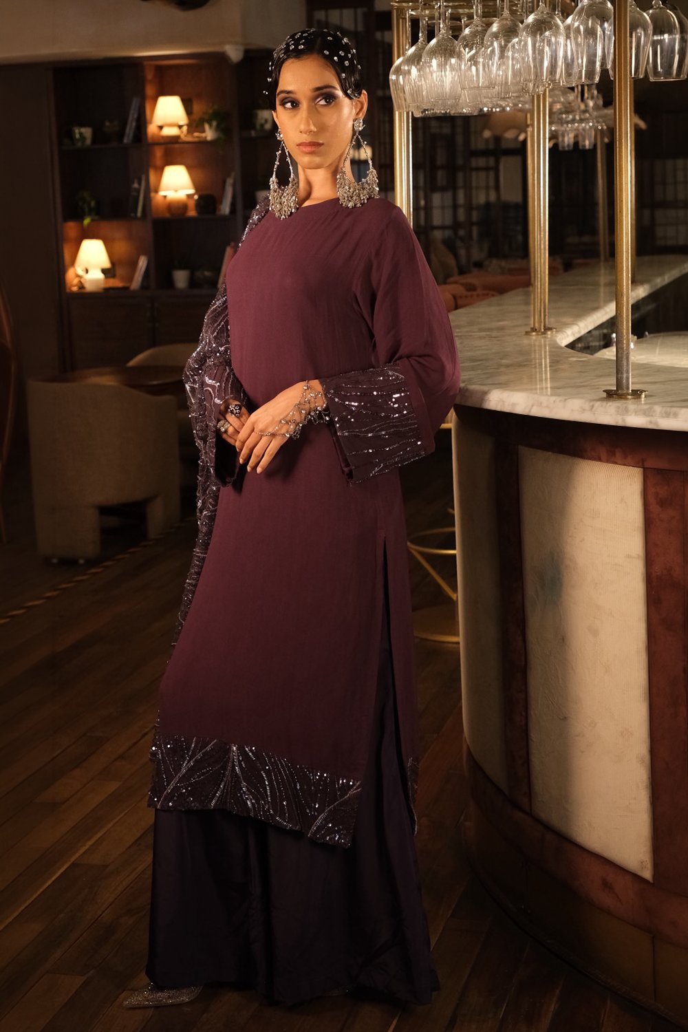 Purple Embroidery Kurta with Plain Pant and Embroidery Dupatta