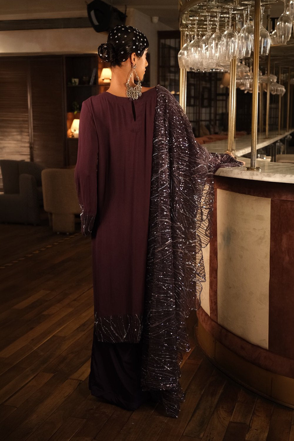 Purple Embroidery Kurta with Plain Pant and Embroidery Dupatta