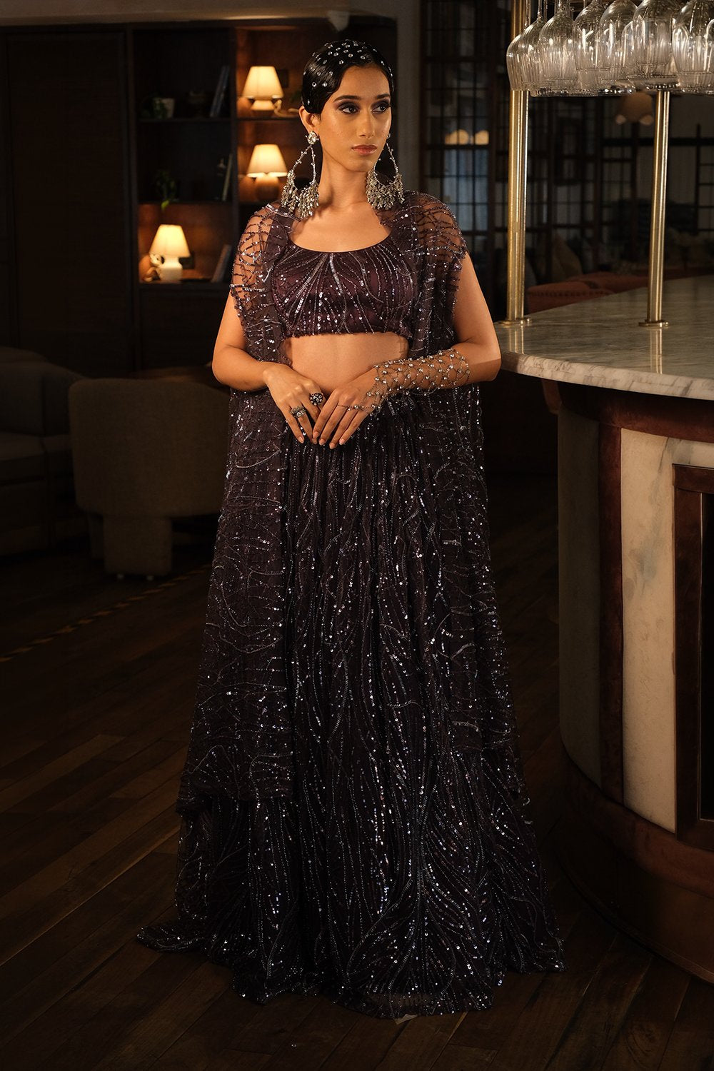 Purple Embroidery Lehenga with Choli and Cape