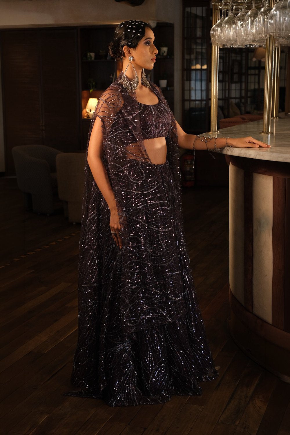 Purple Embroidery Lehenga with Choli and Cape