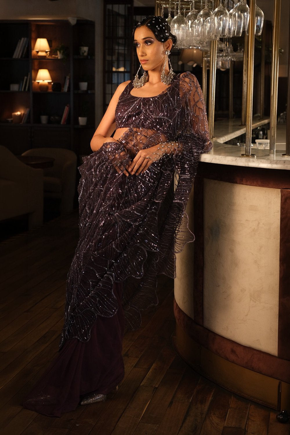 Purple Pre Draped Saree with Choli
