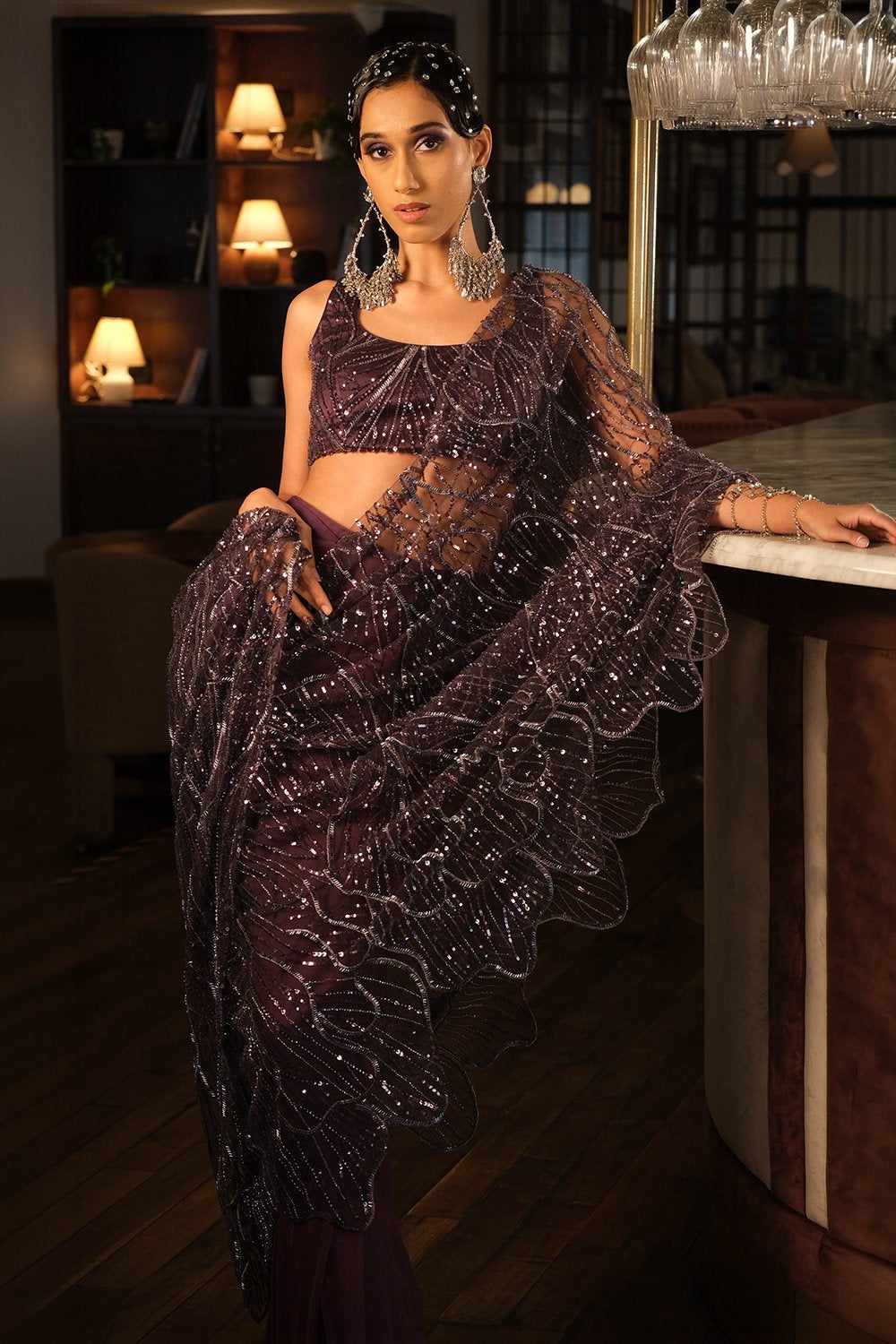 Purple Pre Draped Saree with Choli